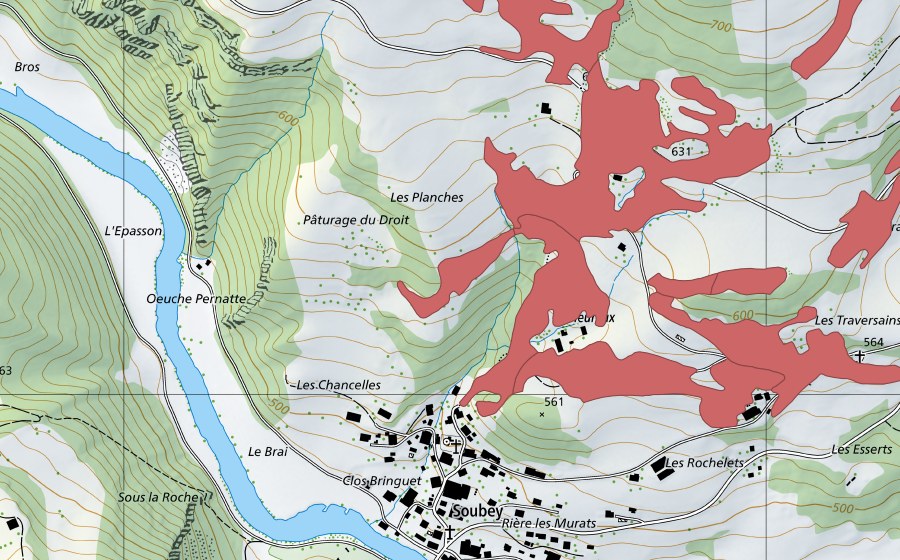 Carte nationale swisstopo avec le périmètre protégé de Soubey (Prairie sèche)