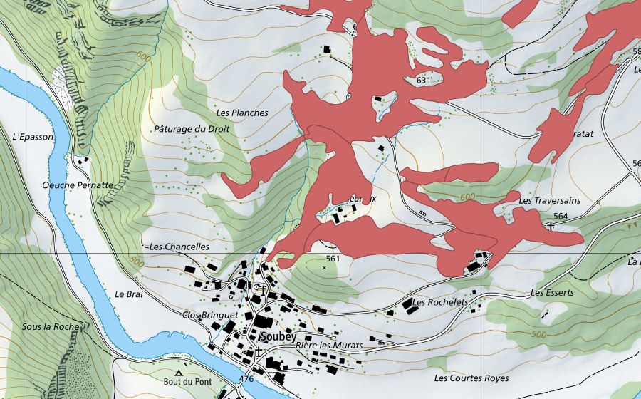 Landeskarte swisstopo mit dem Schutzperimeter von Soubey (Trockenwiese)