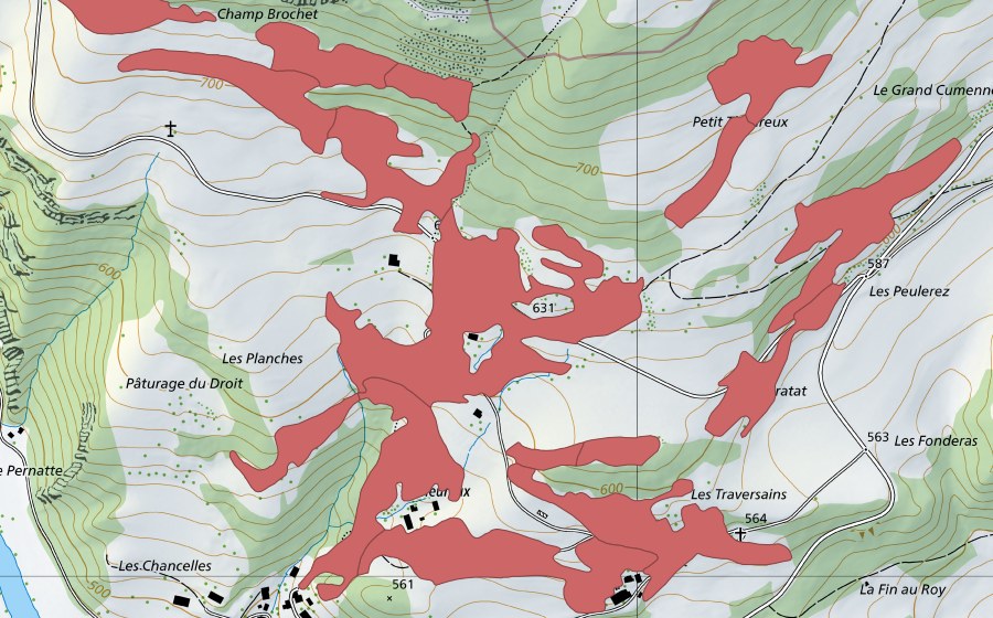swisstopo national map showing the protected perimeter of Soubey (Dry meadow)