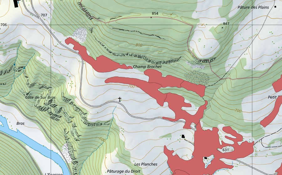 swisstopo national map showing the protected perimeter of Soubey (Dry meadow)