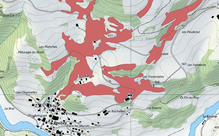 Landeskarte swisstopo mit dem Schutzperimeter von Soubey (Trockenwiese)