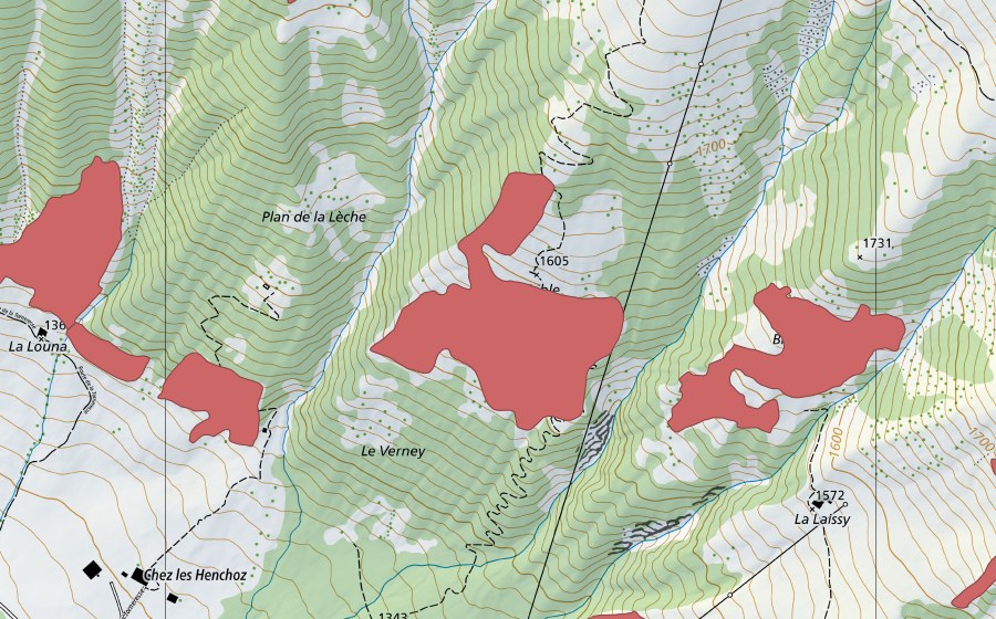 Carte nationale swisstopo avec le périmètre protégé de Sous Jable (Prairie sèche)