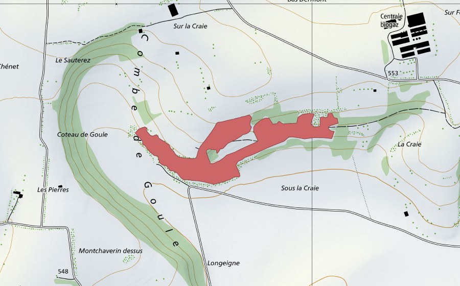 swisstopo national map showing the protected perimeter of Sous la Craie (Dry meadow)