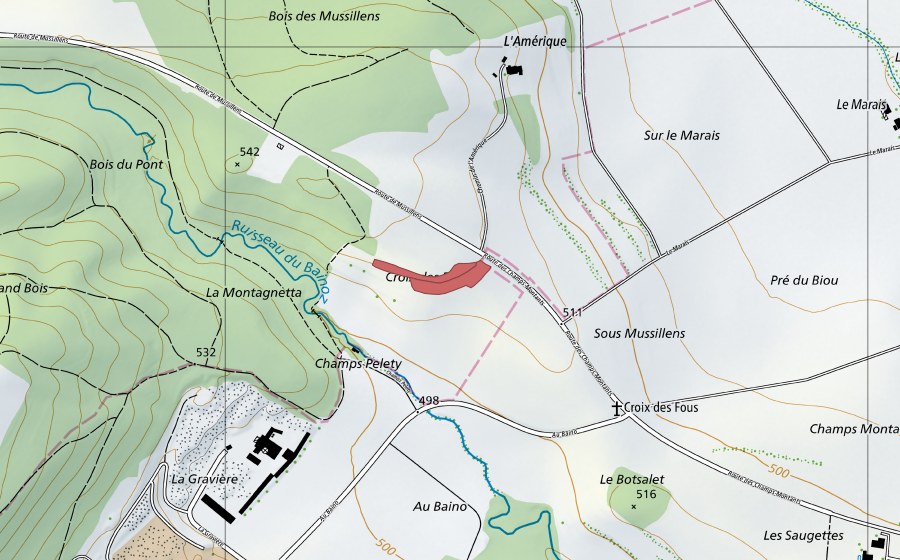 Carte nationale swisstopo avec le périmètre protégé de Sous Mussillens (Prairie sèche)