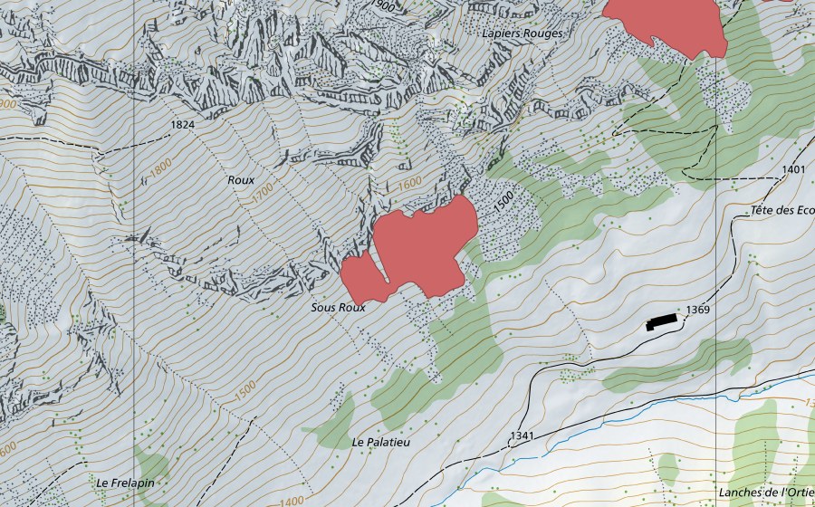 swisstopo national map showing the protected perimeter of Sous Roux (Dry meadow)