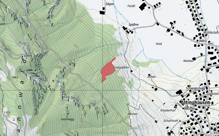 swisstopo national map showing the protected perimeter of Spälten (Dry meadow)