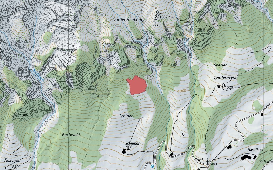 swisstopo national map showing the protected perimeter of Sperlen (Dry meadow)