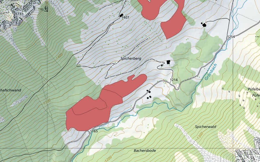 Carte nationale swisstopo avec le périmètre protégé de Spicherberg (Prairie sèche)