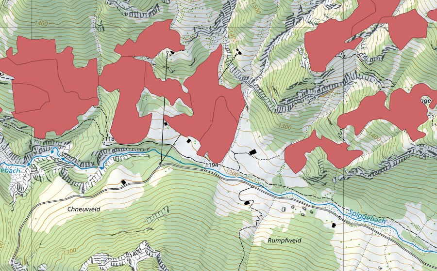 Carte nationale swisstopo avec le périmètre protégé de Spiggeweid (Prairie sèche)