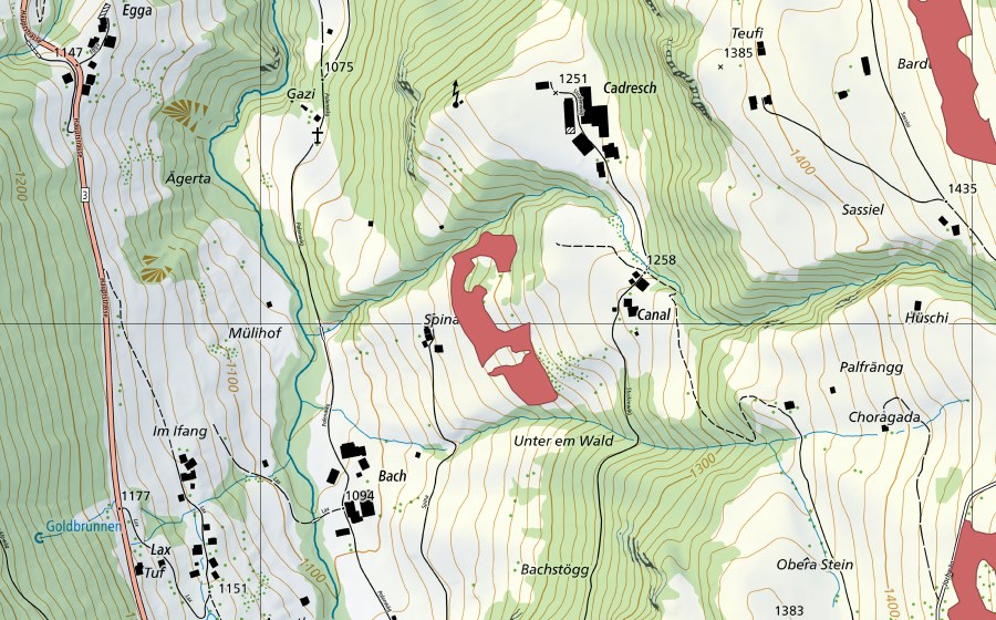 Landeskarte swisstopo mit dem Schutzperimeter von Spina (Trockenwiese)