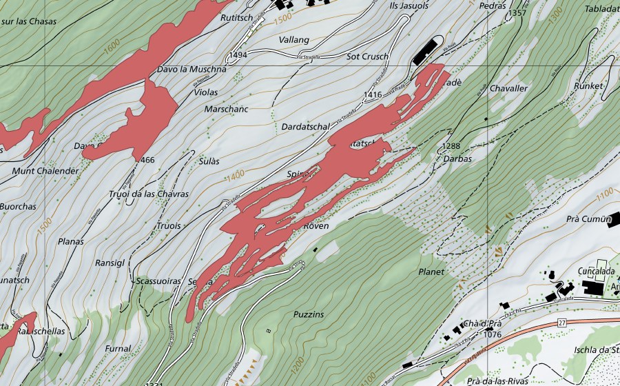 Carte nationale swisstopo avec le périmètre protégé de Spinai (Prairie sèche)