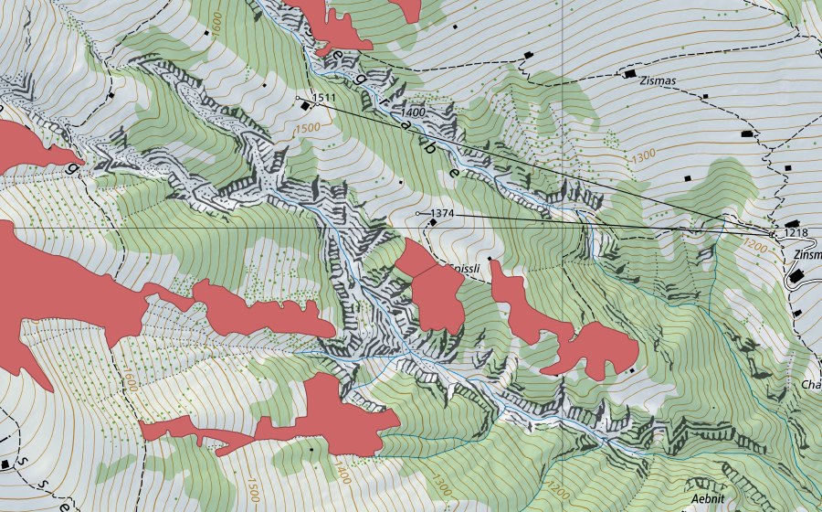 swisstopo national map showing the protected perimeter of Spissli (Dry meadow)