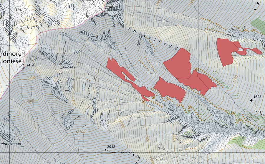 Carte nationale swisstopo avec le périmètre protégé de Spissliegg (Prairie sèche)