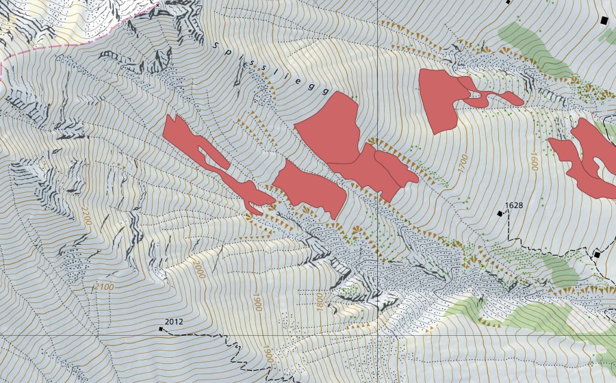 Carte nationale swisstopo avec le périmètre protégé de Spissliegg (Prairie sèche)