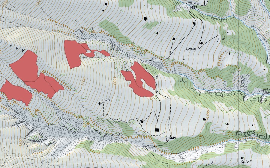 Carte nationale swisstopo avec le périmètre protégé de Spissliegg (Prairie sèche)