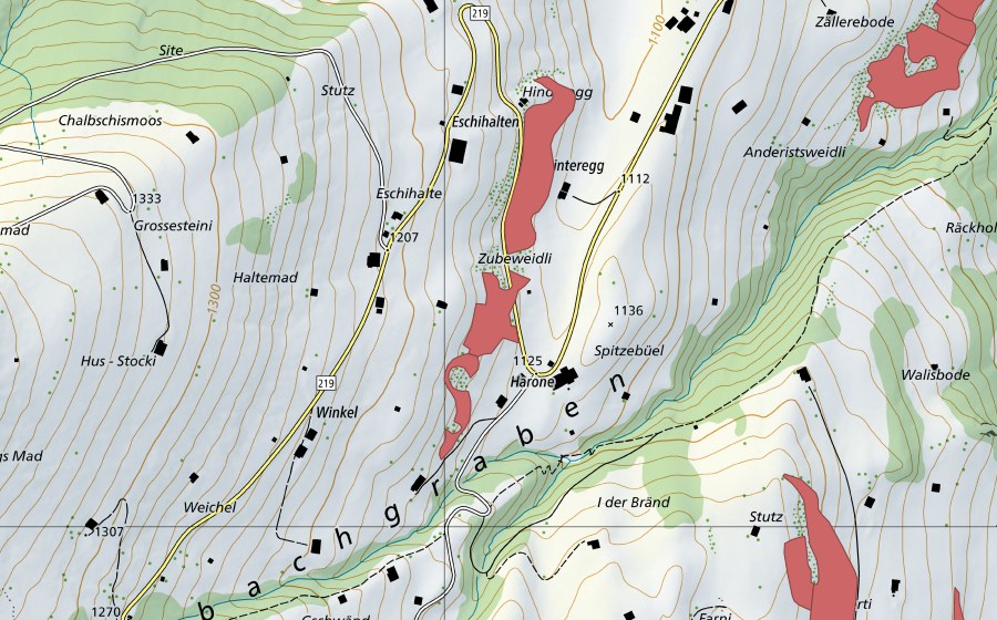 Carte nationale swisstopo avec le périmètre protégé de Spitzebüel (Prairie sèche)