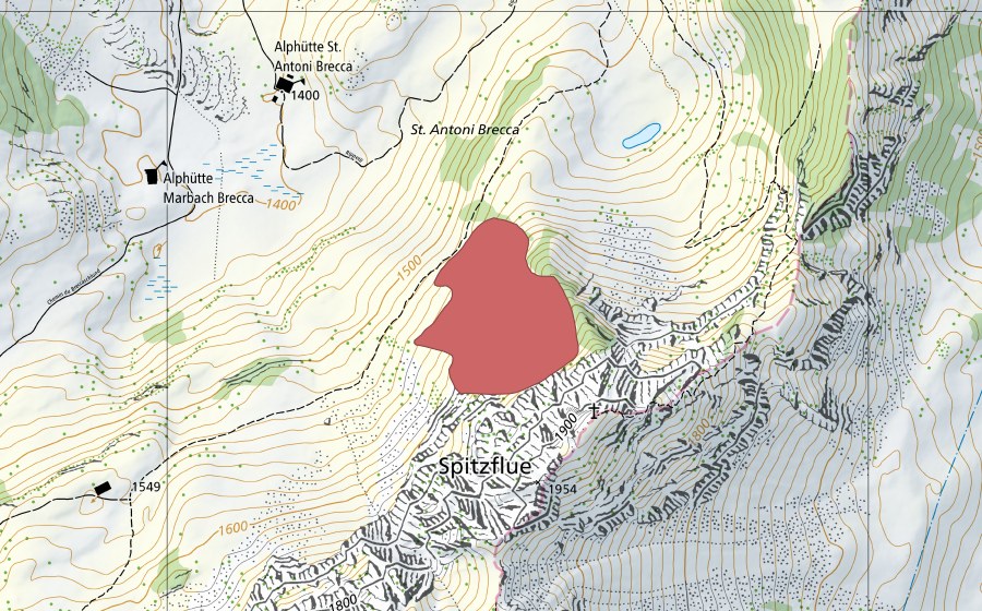 Landeskarte swisstopo mit dem Schutzperimeter von Spitzflue (Trockenwiese)
