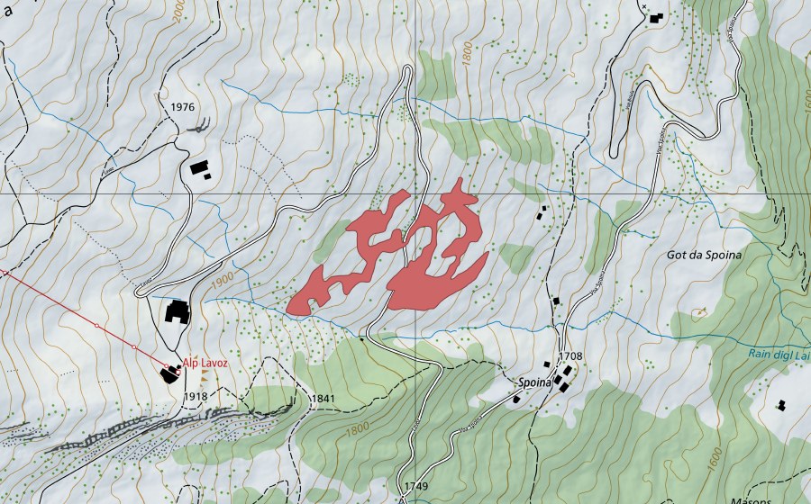 Landeskarte swisstopo mit dem Schutzperimeter von Spoina (Trockenwiese)