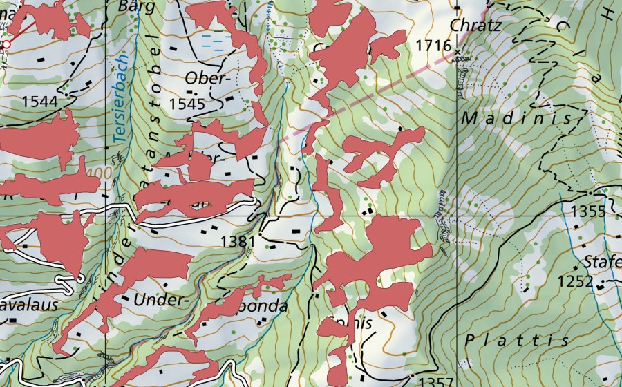 swisstopo national map showing the protected perimeter of Sponda (Dry meadow)