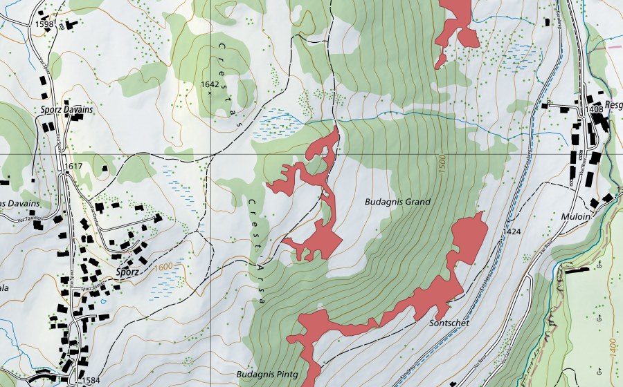 Carte nationale swisstopo avec le périmètre protégé de Sporz Davains (Prairie sèche)