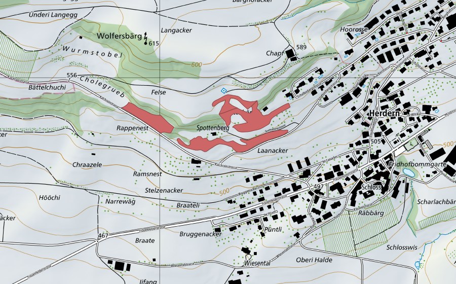 Landeskarte swisstopo mit dem Schutzperimeter von Spottebärg (Trockenwiese)