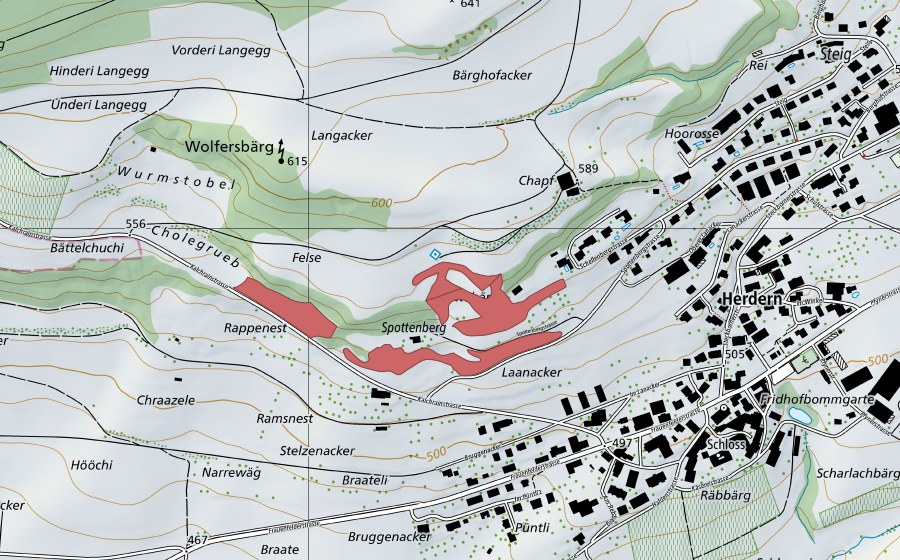 Carte nationale swisstopo avec le périmètre protégé de Spottebärg (Prairie sèche)