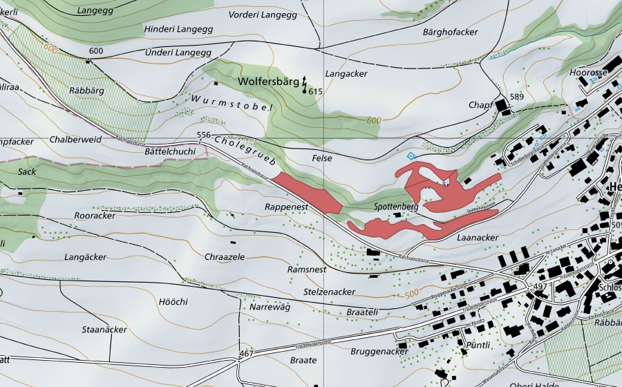 Carte nationale swisstopo avec le périmètre protégé de Spottebärg (Prairie sèche)