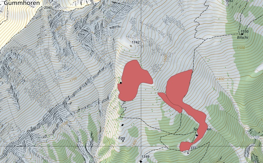 Landeskarte swisstopo mit dem Schutzperimeter von Spycheren (Trockenwiese)