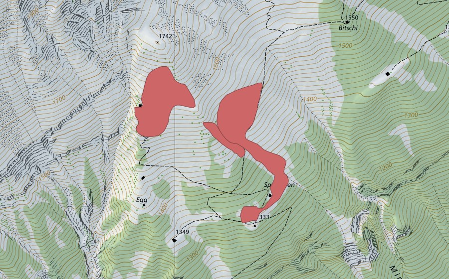 Landeskarte swisstopo mit dem Schutzperimeter von Spycheren (Trockenwiese)