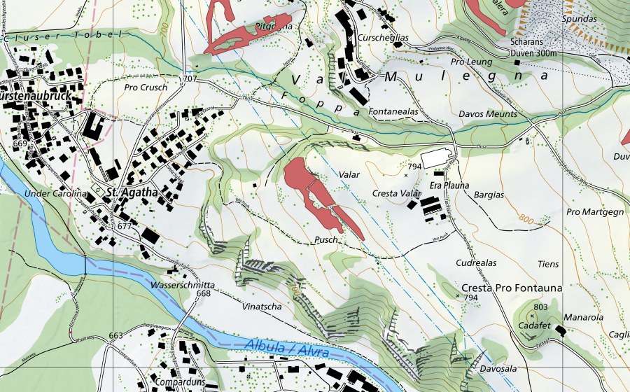 Carte nationale swisstopo avec le périmètre protégé de St. Agata (Prairie sèche)