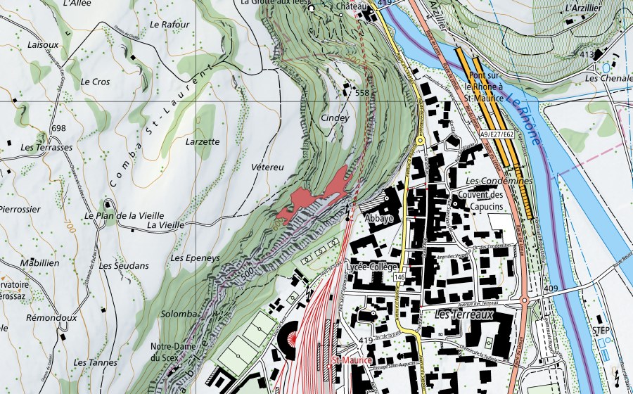 swisstopo national map showing the protected perimeter of St-Maurice (Dry meadow)