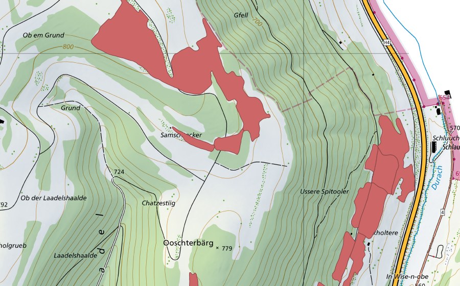 Carte nationale swisstopo avec le périmètre protégé de Staanenbergli (Prairie sèche)