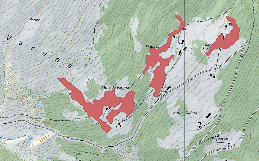 Carte nationale swisstopo avec le périmètre protégé de Stabli da Varuna (Prairie sèche)