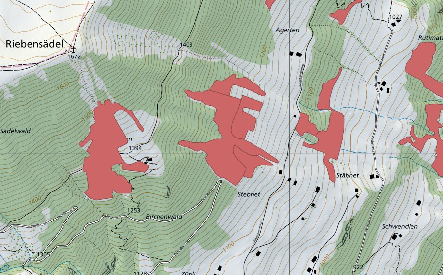 swisstopo national map showing the protected perimeter of Stäbnet (Dry meadow)