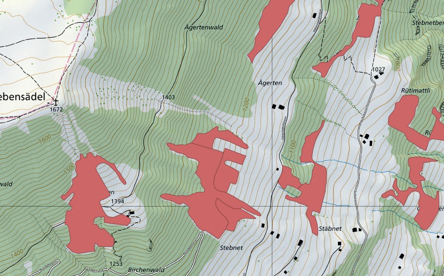 Carte nationale swisstopo avec le périmètre protégé de Stäbnet (Prairie sèche)