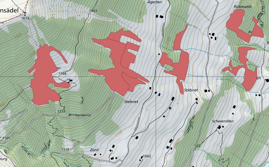 Carte nationale swisstopo avec le périmètre protégé de Stäbnet (Prairie sèche)