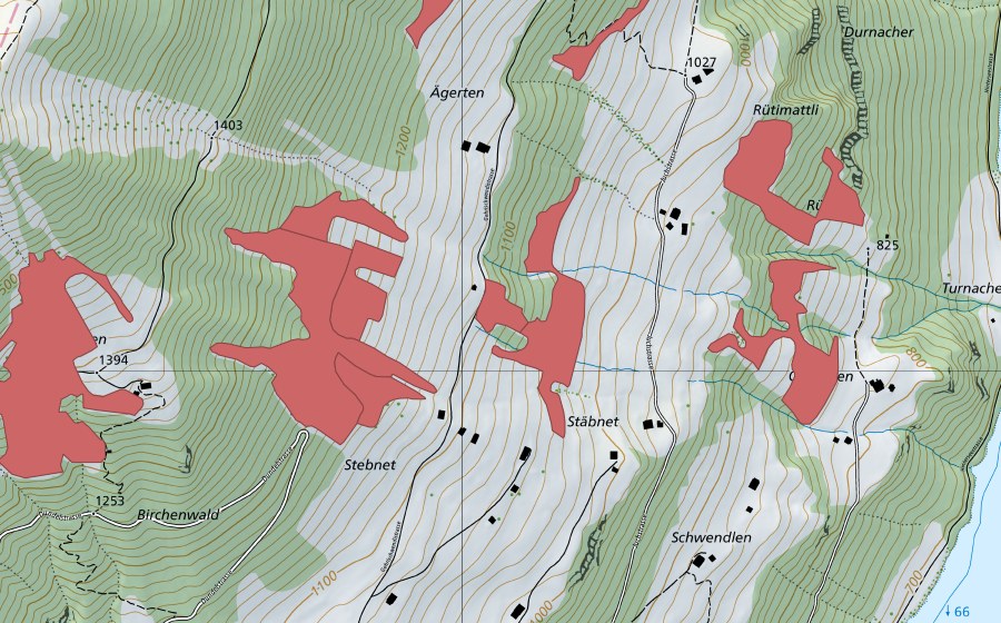Carte nationale swisstopo avec le périmètre protégé de Stäbnet (Prairie sèche)
