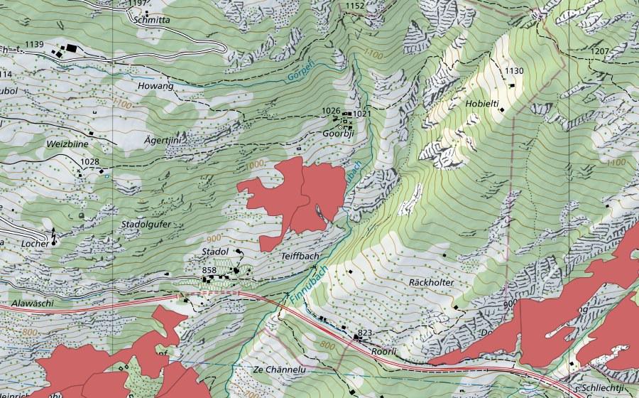 Carte nationale swisstopo avec le périmètre protégé de Stadelgufer (Prairie sèche)