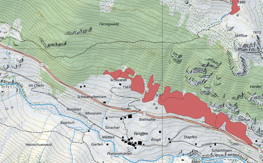 Carte nationale swisstopo avec le périmètre protégé de Städeli (Prairie sèche)