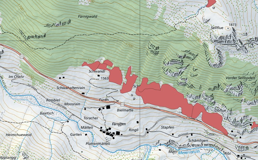 Landeskarte swisstopo mit dem Schutzperimeter von Städeli (Trockenwiese)