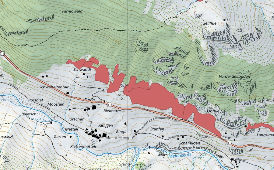 Carte nationale swisstopo avec le périmètre protégé de Städeli (Prairie sèche)