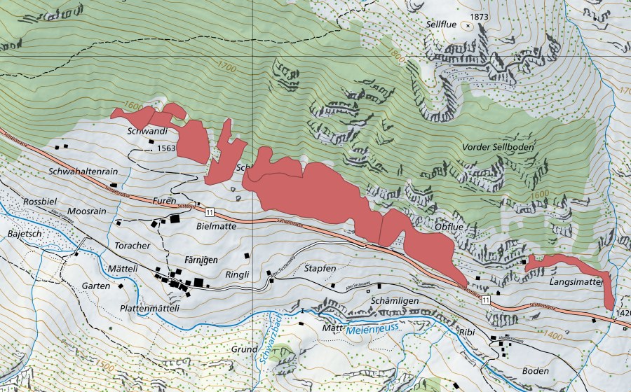 Carte nationale swisstopo avec le périmètre protégé de Städeli (Prairie sèche)