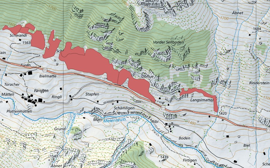 Carte nationale swisstopo avec le périmètre protégé de Städeli (Prairie sèche)