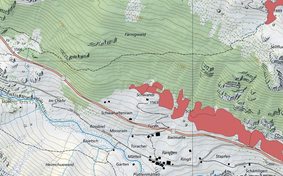 Carte nationale swisstopo avec le périmètre protégé de Städeli (Prairie sèche)