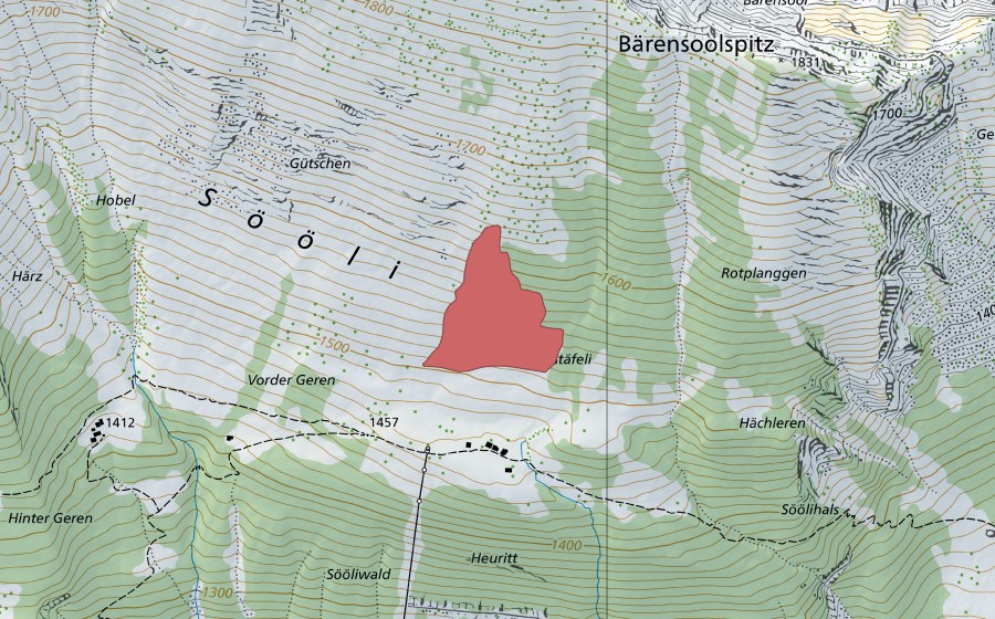 swisstopo national map showing the protected perimeter of Stäfeli (Dry meadow)