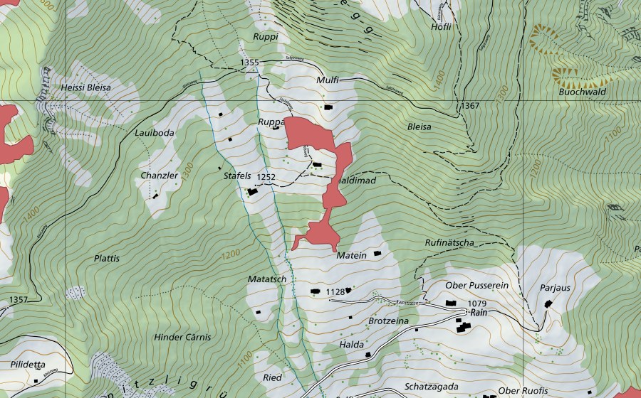 swisstopo national map showing the protected perimeter of Stafels (Dry meadow)