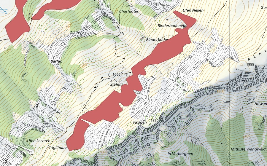 Landeskarte swisstopo mit dem Schutzperimeter von Stäfelti (Trockenwiese)