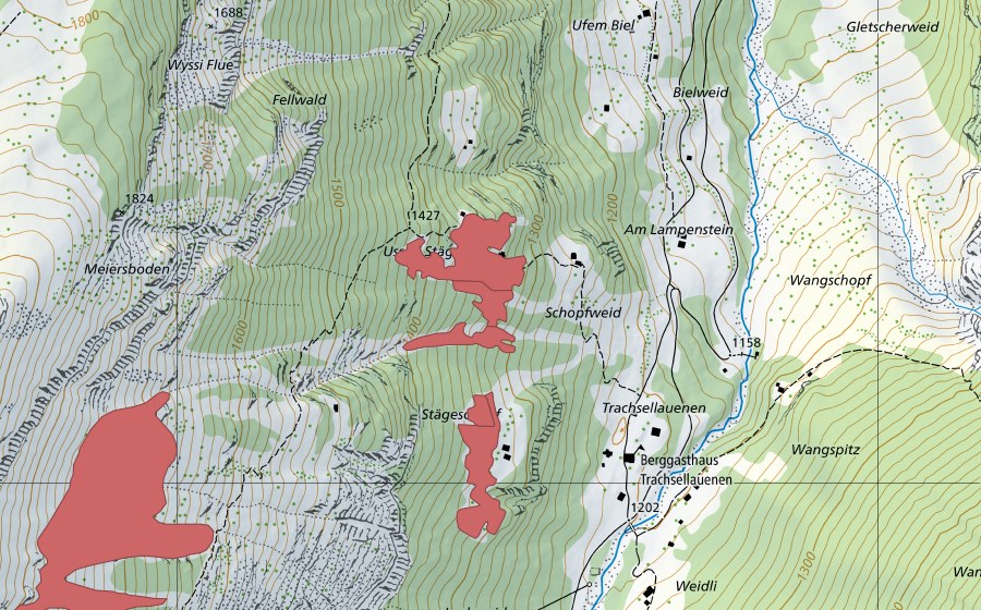 Carte nationale swisstopo avec le périmètre protégé de Stäga (Prairie sèche)