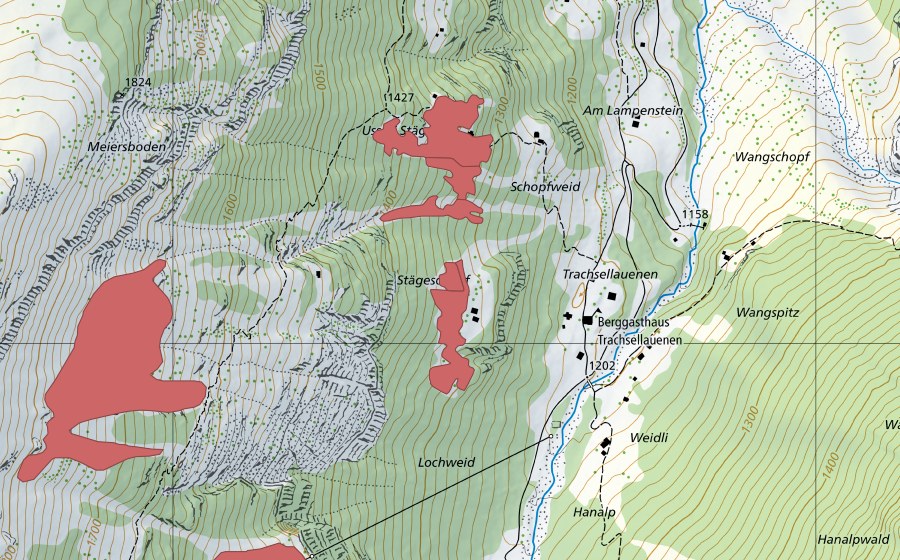 Carte nationale swisstopo avec le périmètre protégé de Stäga (Prairie sèche)