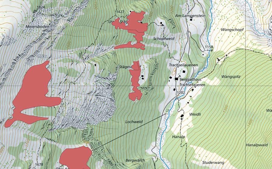 swisstopo national map showing the protected perimeter of Stäga (Dry meadow)